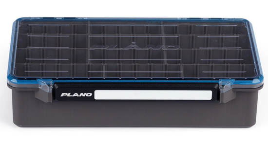 Black and blue tackle box with 'Plano' branding on a white background