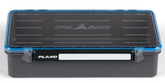 Plano fishing tackle box with blue and black design on a white background