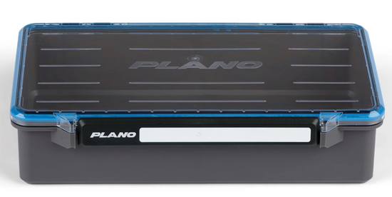 Plano fishing tackle box with blue and black design on a white background
