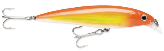 Orange and yellow fishing lure with treble hooks on a white background