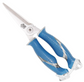 Shears with blue handles and silver blades on a white background