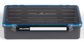 Plano fishing tackle box with blue and black design on a white background